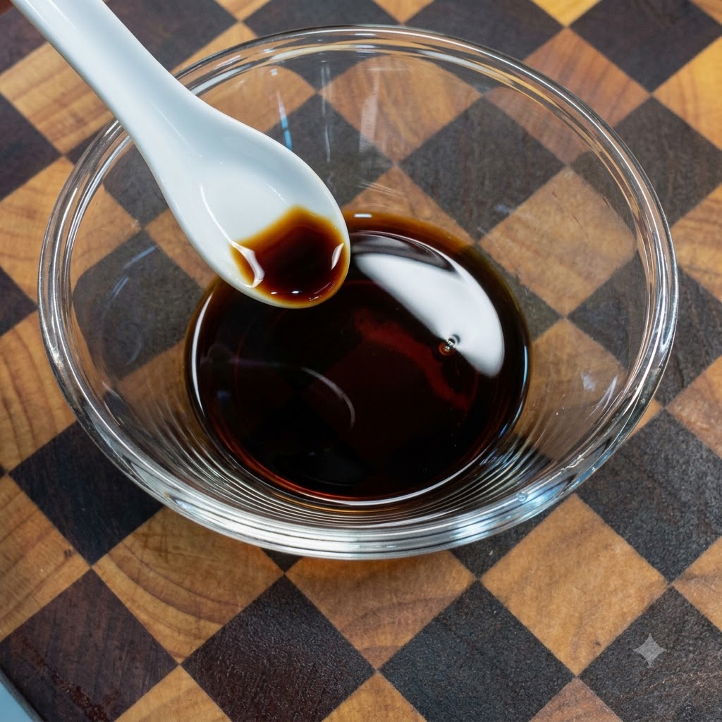 Un bol en verre contenant une sauce sombre quune cuillère blanche est en train de remuer.