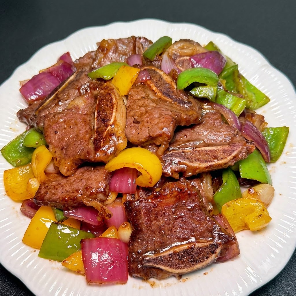 Les travers de bœuf au poivre noir finis, dressés sur une belle assiette blanche.