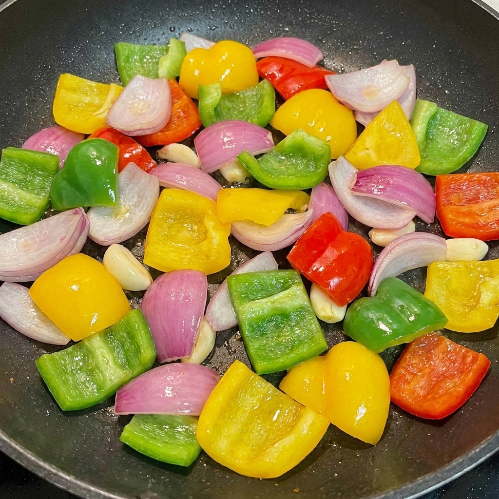Morceaux de poivron vert, jaune et oignon rouge mélangés dans la poêle.
