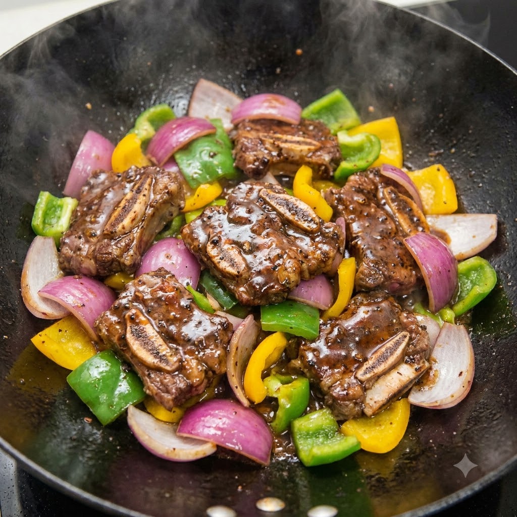 La sauce au poivre noir versée sur le bœuf saisi et les légumes dans un wok.