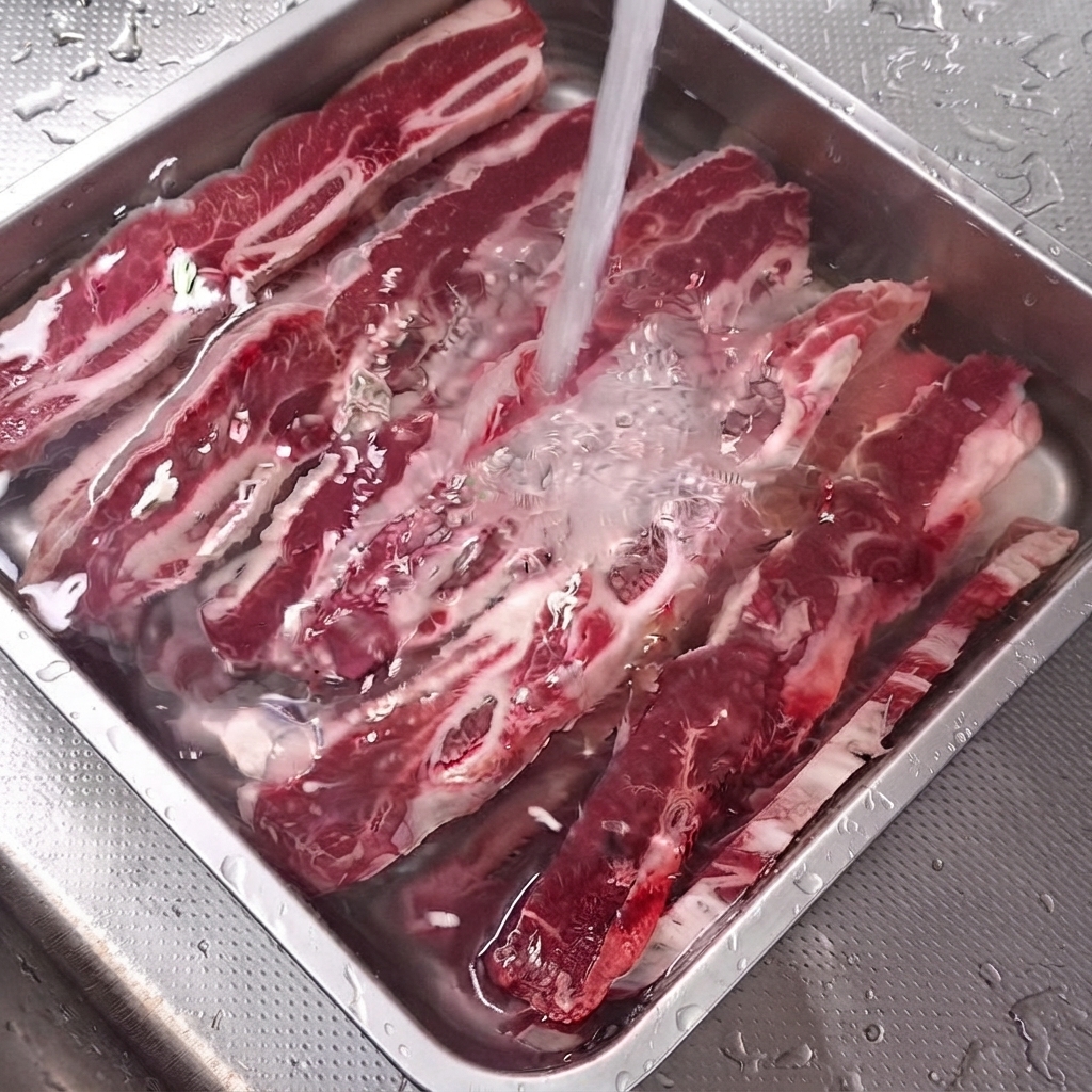 Côtes LA Galbi crues submergées dans un bac en acier inoxydable rempli deau.