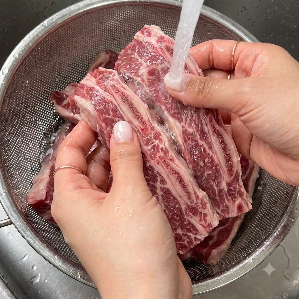Côtes de bœuf LA Galbi fraîches en train dêtre rincées sous leau du robinet dans une passoire.
