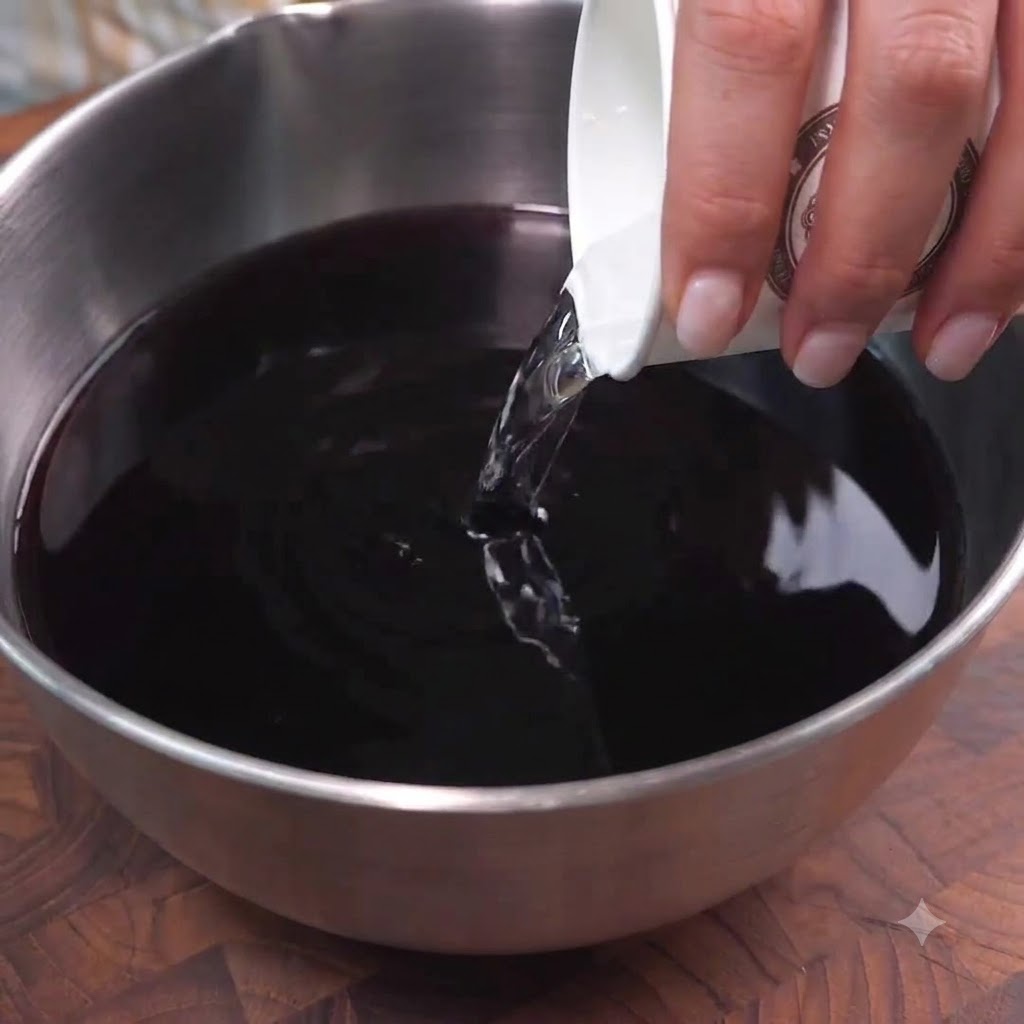 Eau et sauce soja foncée versées à laide dune tasse en papier dans un grand bol mélangeur en acier inoxydable.