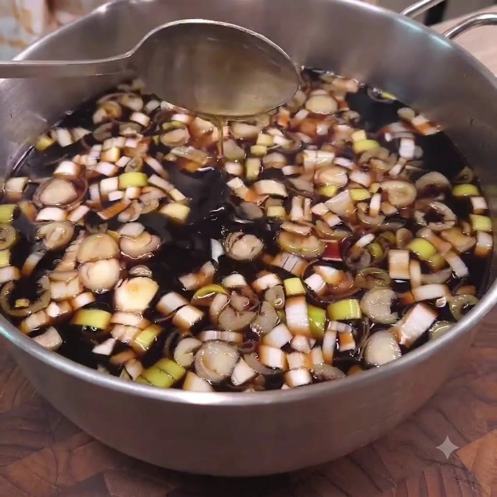 Une cuillère remuant une grande quantité de marinade maison pour LA Galbi remplie doignons verts hachés.