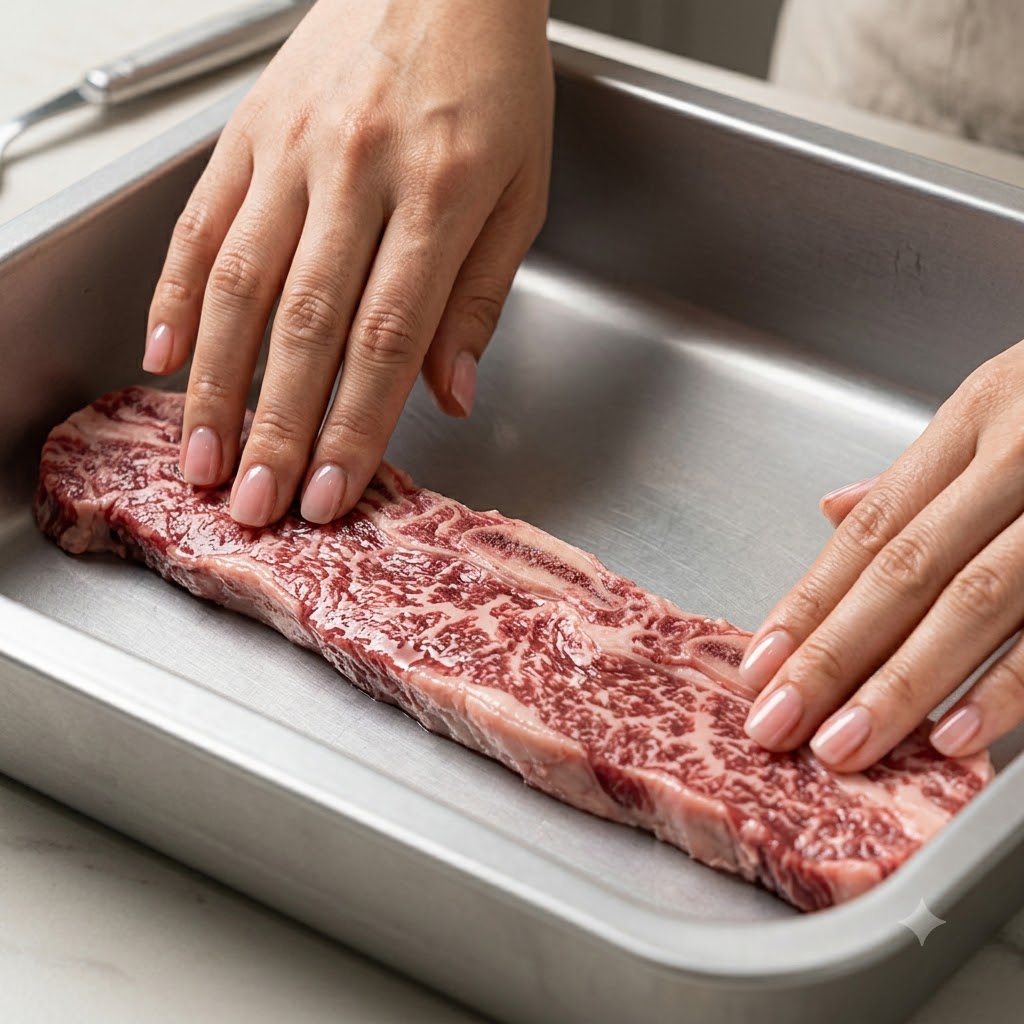Travers de bœuf crus disposés soigneusement dans un récipient en métal.