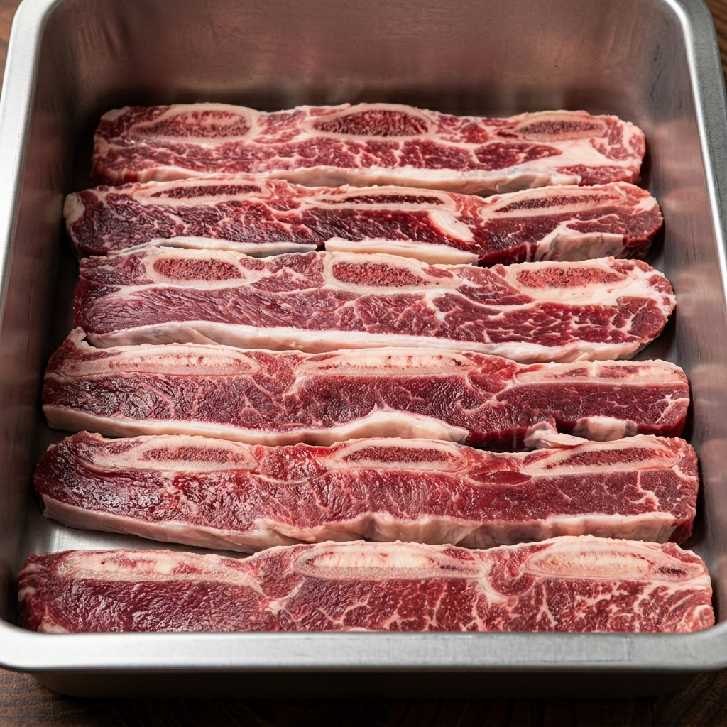 Côtes de bœuf disposées en couches dans un récipient en métal avec la marinade versée par-dessus.