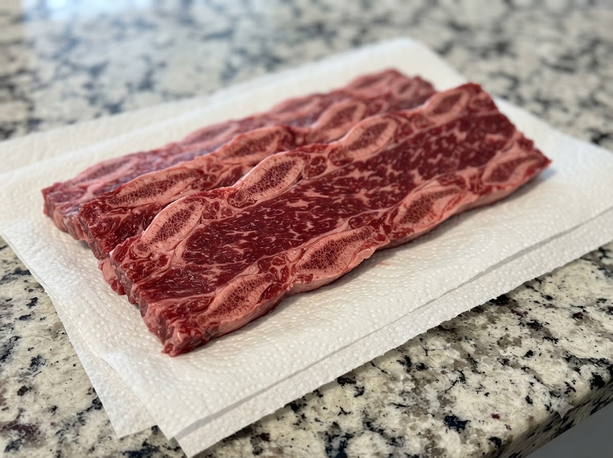 Côtes de bœuf fraîches disposées sur du papier absorbant propre sur un plan de travail.