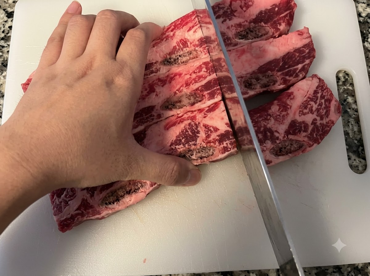 Une main tenant un couteau pour trancher des côtes de bœuf crues sur une planche à découper blanche.