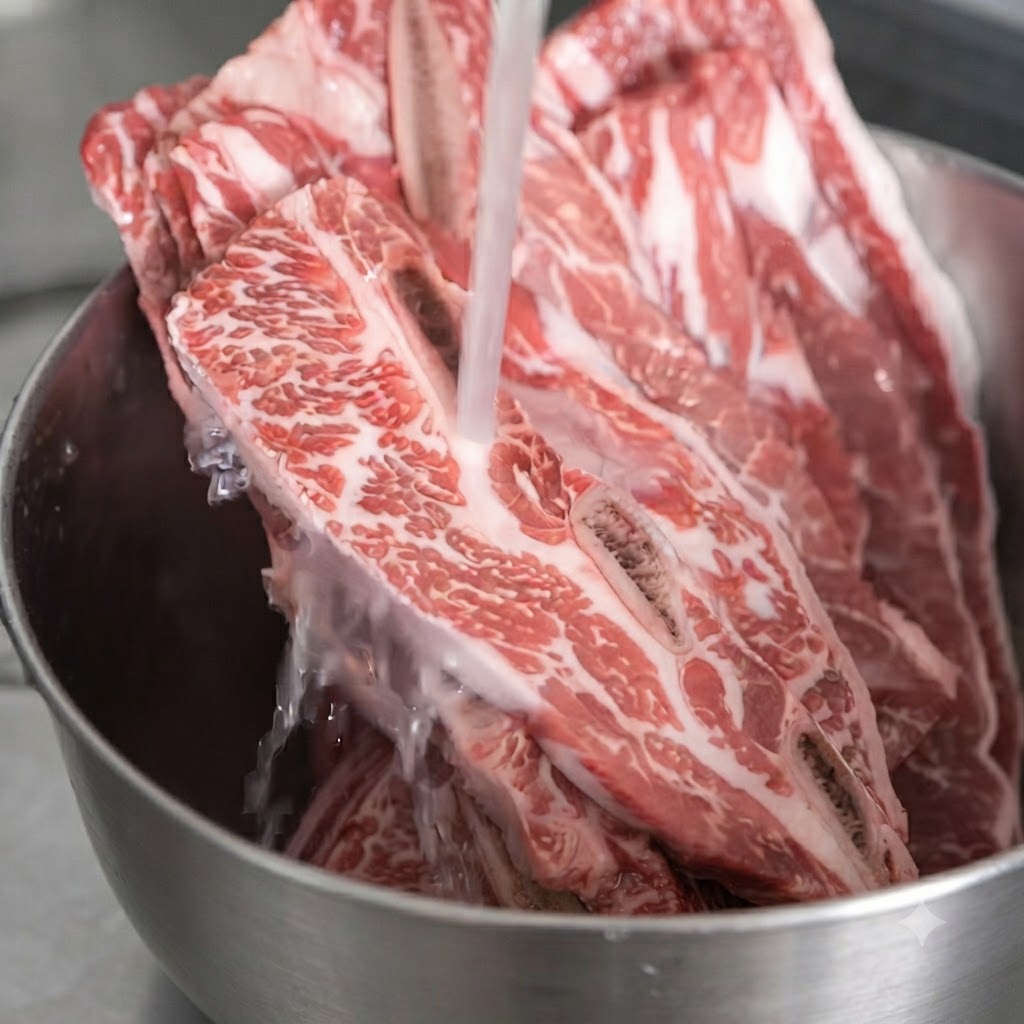 Côtes de bœuf LA crues trempant et étant rincées dans un grand bol en métal sous leau courante.
