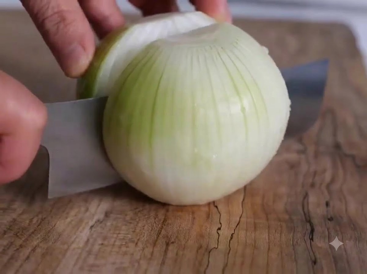 Un oignon et une poire coupés avec un couteau sur une planche à découper en bois à côté de gousses dail épluchées.
