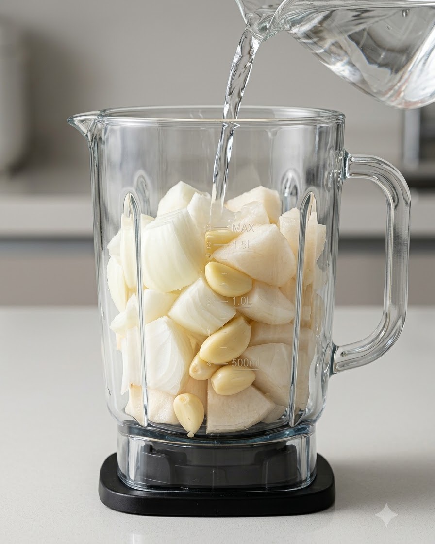 Morceaux doignon, de poire et dail hachés en train dêtre mixés avec de leau dans un blender en verre transparent.