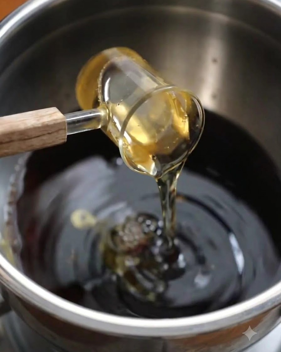 Saké, sucre blanc et jus de fruits versés dans le mélange liquide assaisonné dans un bol.