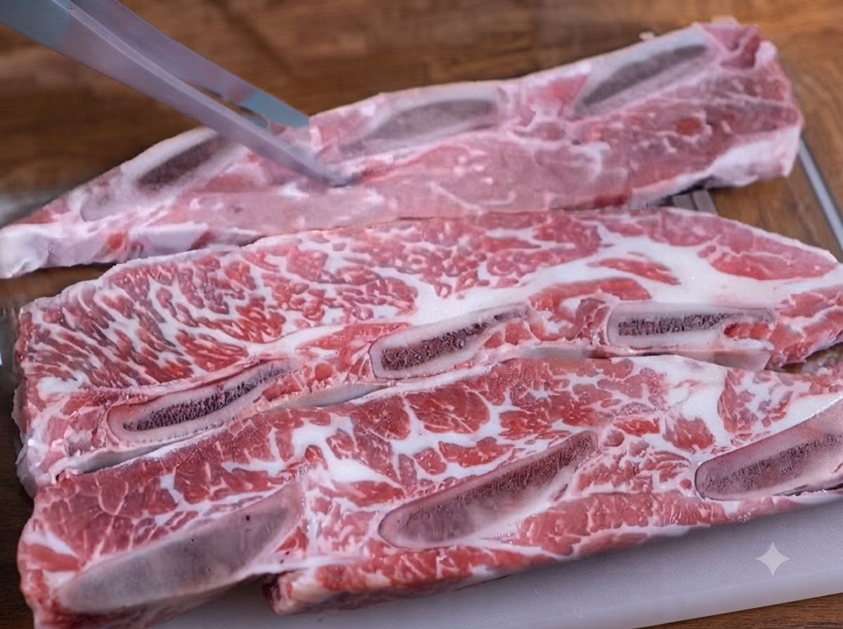 Jus de marinade préparé versé sur des côtes de bœuf crues dans un récipient en verre.