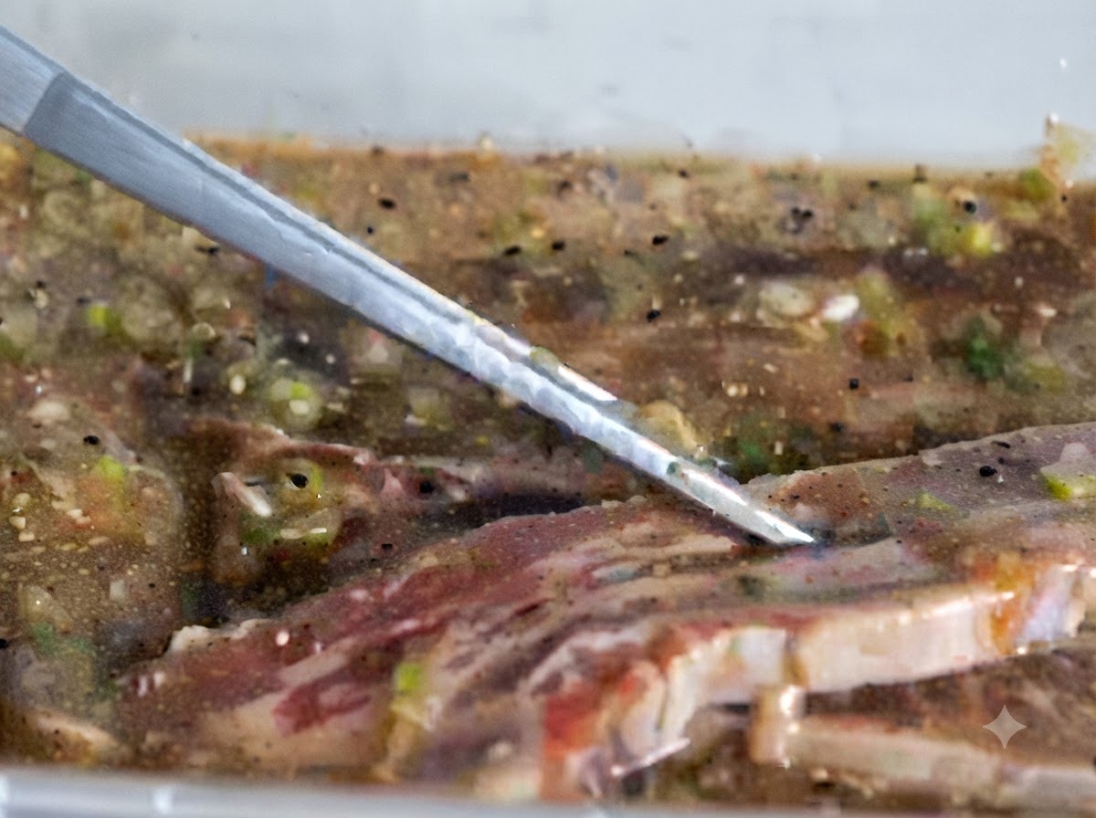 Côtes de bœuf marinées placées dans une poêle chauffée pour cuire.