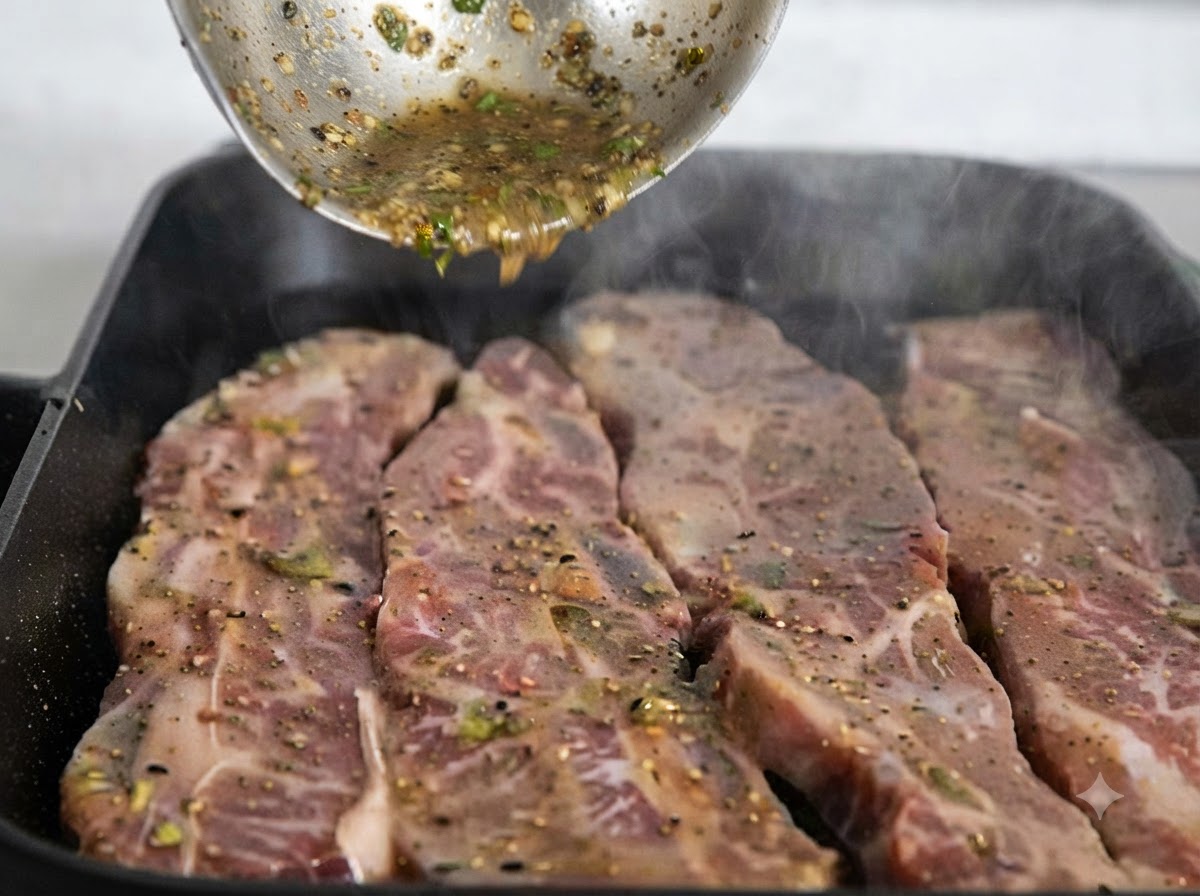 Sauce de marinade supplémentaire versée sur les côtes de bœuf cuisant dans la poêle.