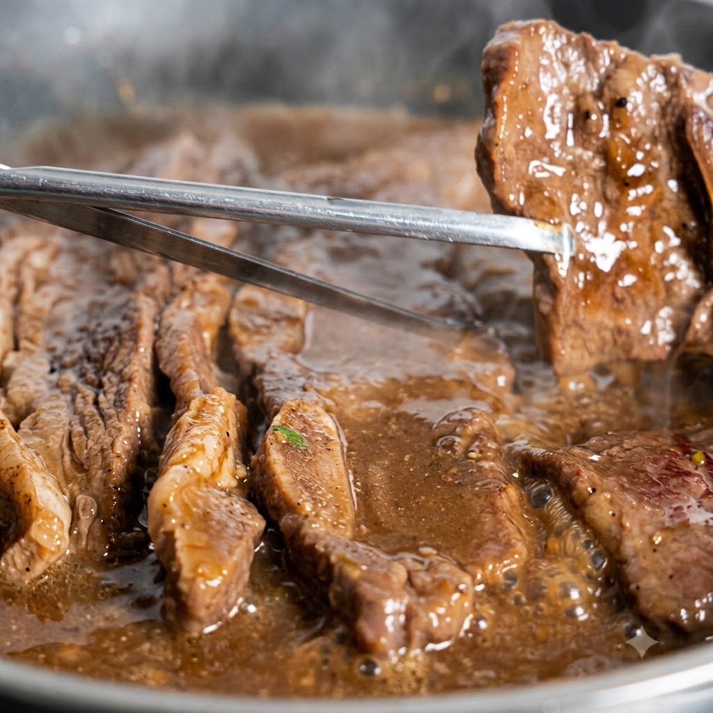 Côtes de bœuf cuites coupées avec des ciseaux de cuisine dans la poêle pendant que la sauce réduit.