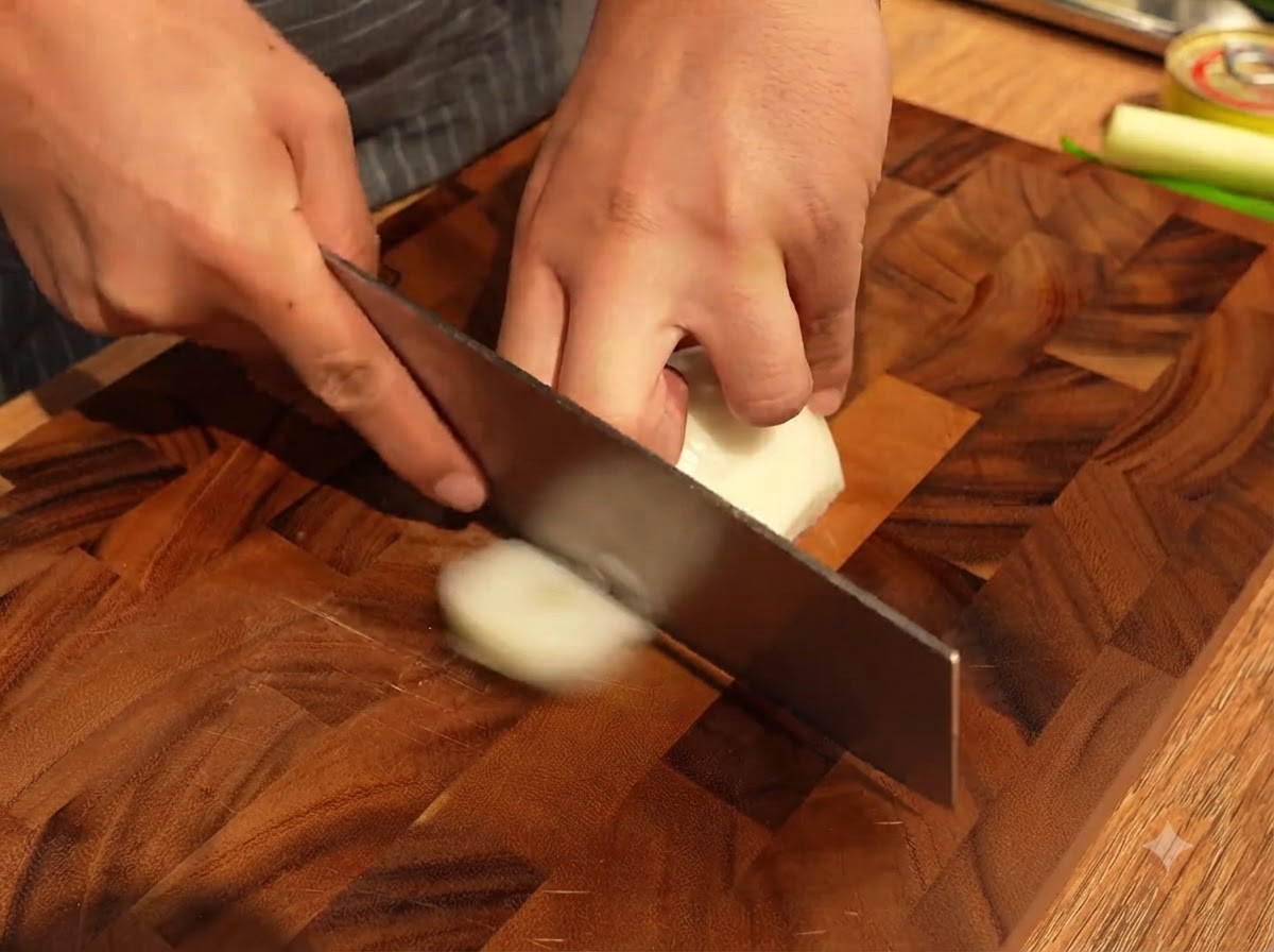 Découpe dun demi-oignon blanc en lamelles sur une planche à découper en bois à laide dun couperet.