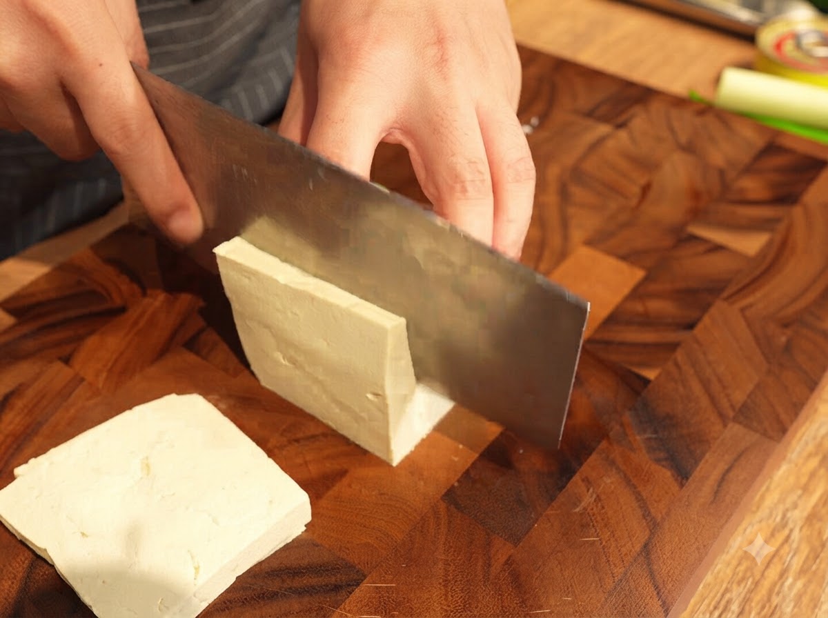 Découpe dun bloc de tofu blanc ferme en tranches rectangulaires épaisses.
