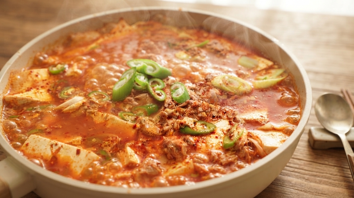 Une poêle de tofu braisé coréen frémissant, avec dépaisses tranches de tofu et des morceaux de thon dans un bouillon au piment rouge vif garni de piments verts frais.