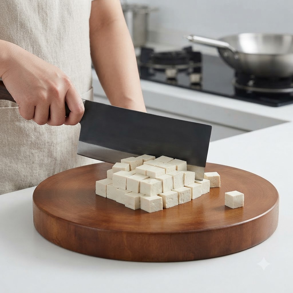 Un bloc de tofu blanc coupé en petits cubes sur une planche à découper en bois à laide dun couteau de cuisine.