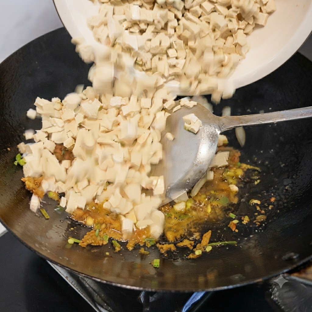 Des dés de tofu versés depuis un bol blanc dans un wok contenant les aromates cuits.