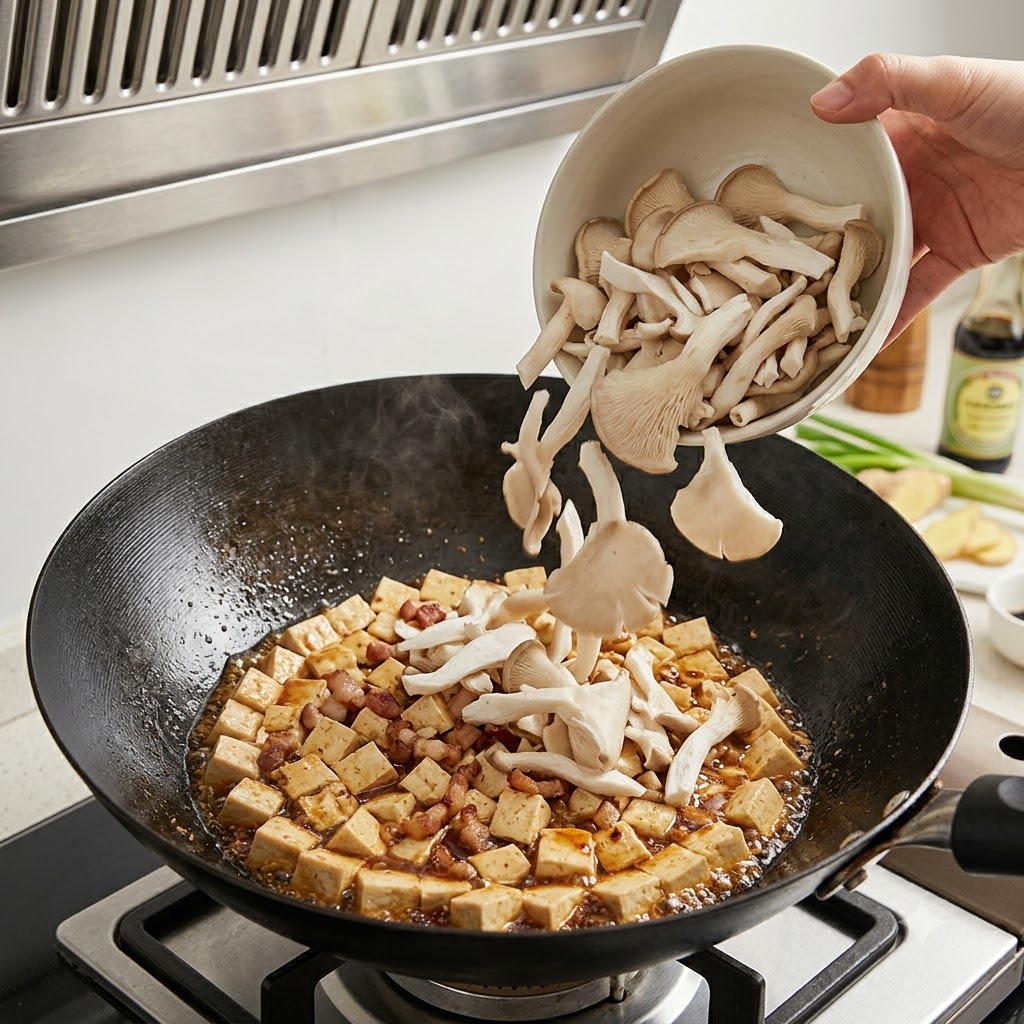 Des pleurotes tranchés versés depuis un bol dans un wok rempli de tofu et de morceaux de porc.
