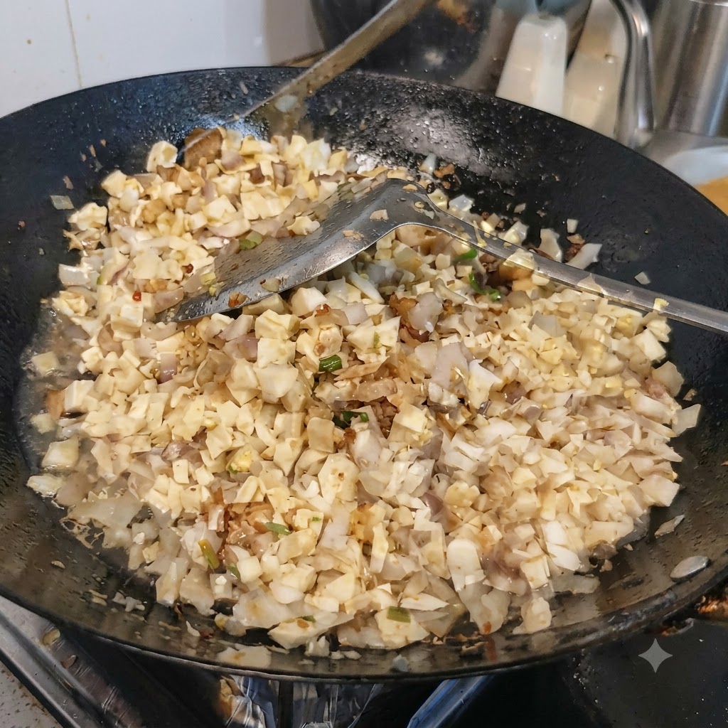 Du sel ajouté au mélange de tofu et de pleurotes dans un wok.