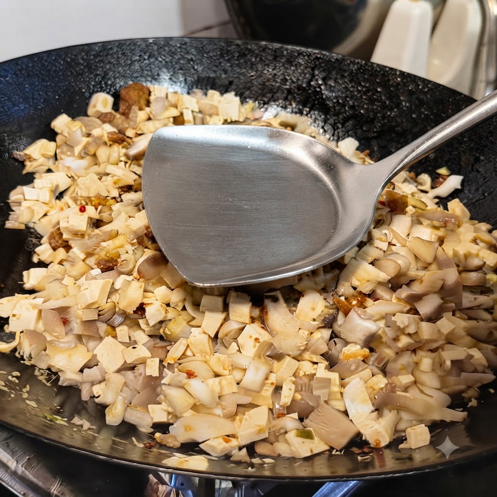 De leau versée dans un wok contenant les dés de tofu et les champignons.