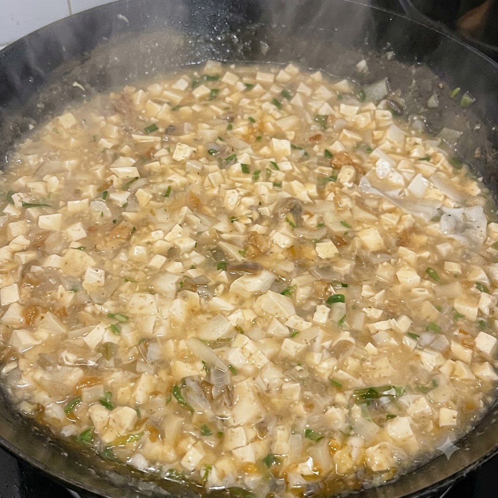 Du mélange de fécule versé dans la soupe frémissante pour lépaissir.