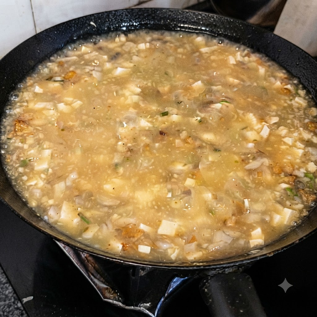 De la poudre de poivre blanc saupoudrée à la surface de la soupe.