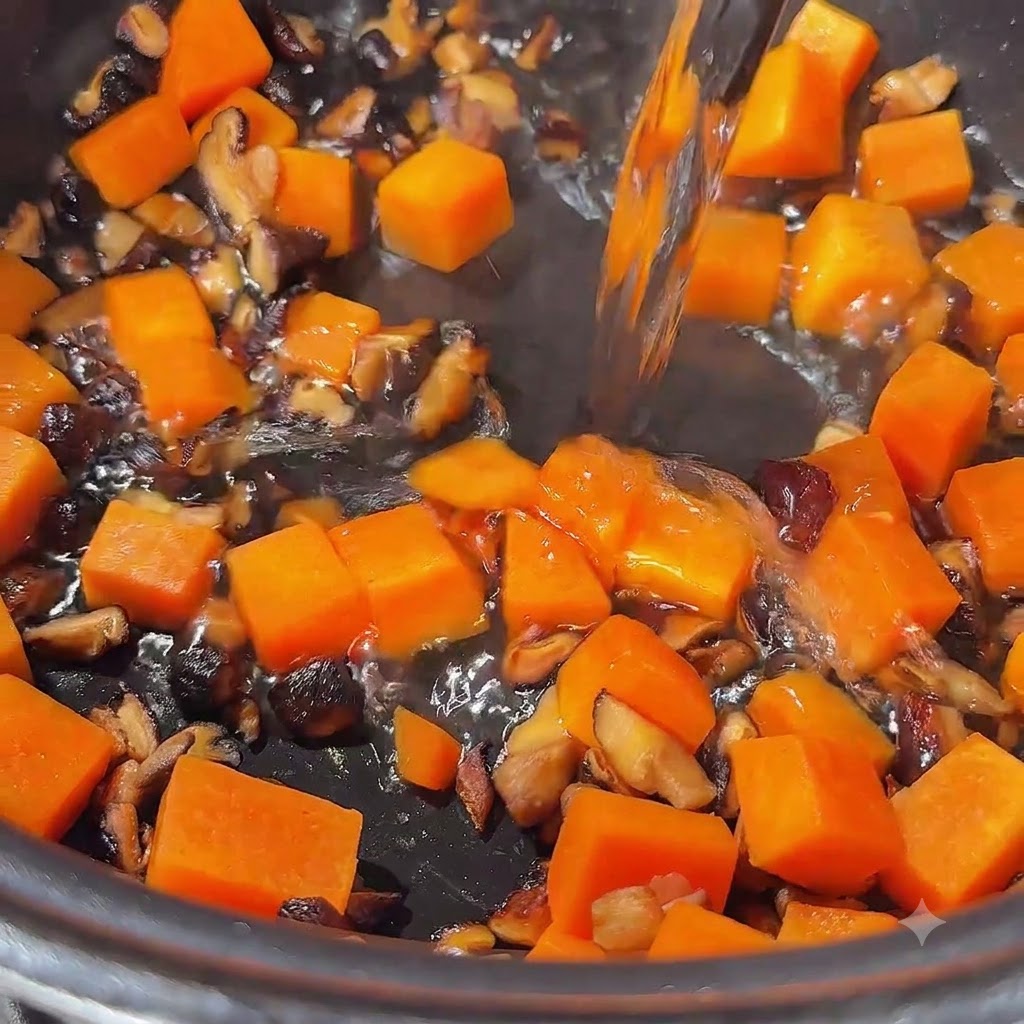 De leau bouillante versée dans le pot contenant le mélange de carottes et de champignons sautés.