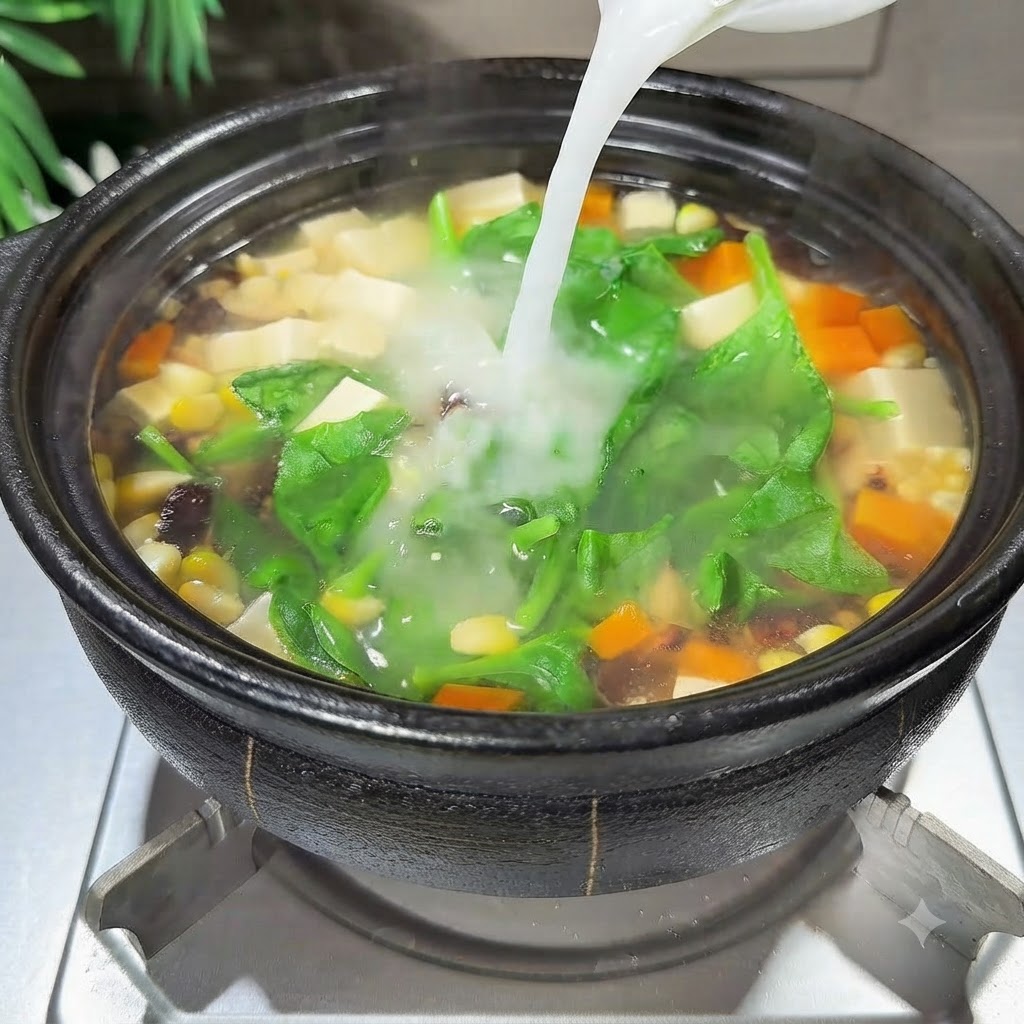 La préparation de fécule de maïs versée dans le pot frémissant contenant les légumes et les feuilles vertes.