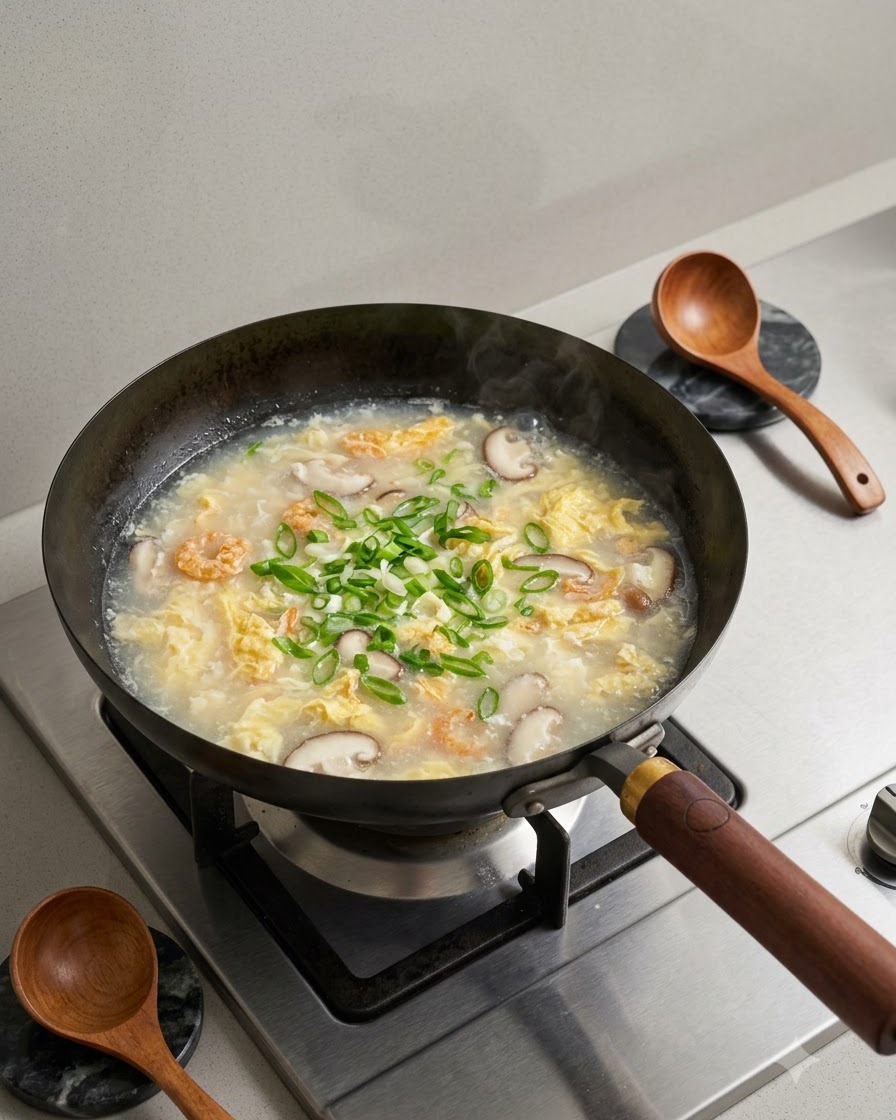 Des oignons verts hachés ajoutés à la soupe terminéecite: 1.