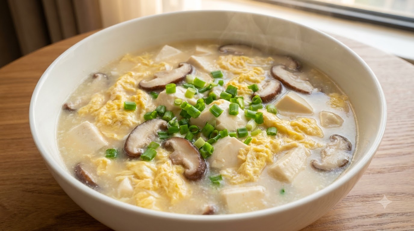 Soupe Réconfortante au Tofu, Champignons et Œufs