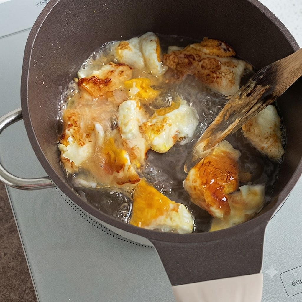 De leau bouillante à gros bouillons sur des morceaux dorés dœufs frits dans une marmite pendant quon remue.