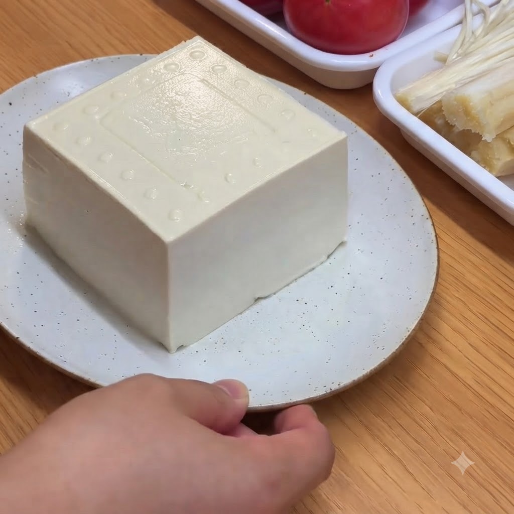 Un bloc de tofu blanc soyeux coupé en petits cubes rectangulaires sur une assiette blanche.
