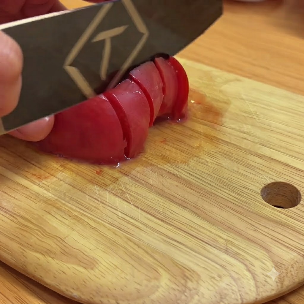 Des tomates rouges coupées en petits morceaux sur une planche à découper en bois avec un couteau.