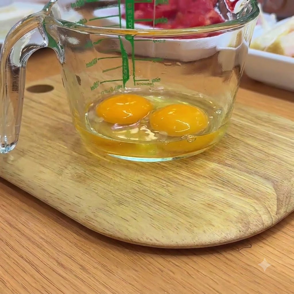 Deux œufs crus dans un verre mesureur transparent battus vigoureusement avec des baguettes.