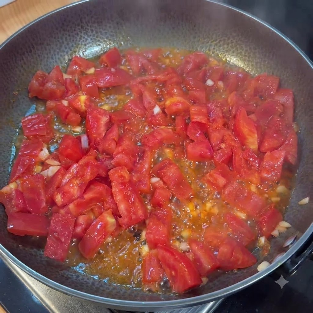 Des tomates hachées réduites en une texture pulpeuse et juteuse dans une poêle après avoir été salées.