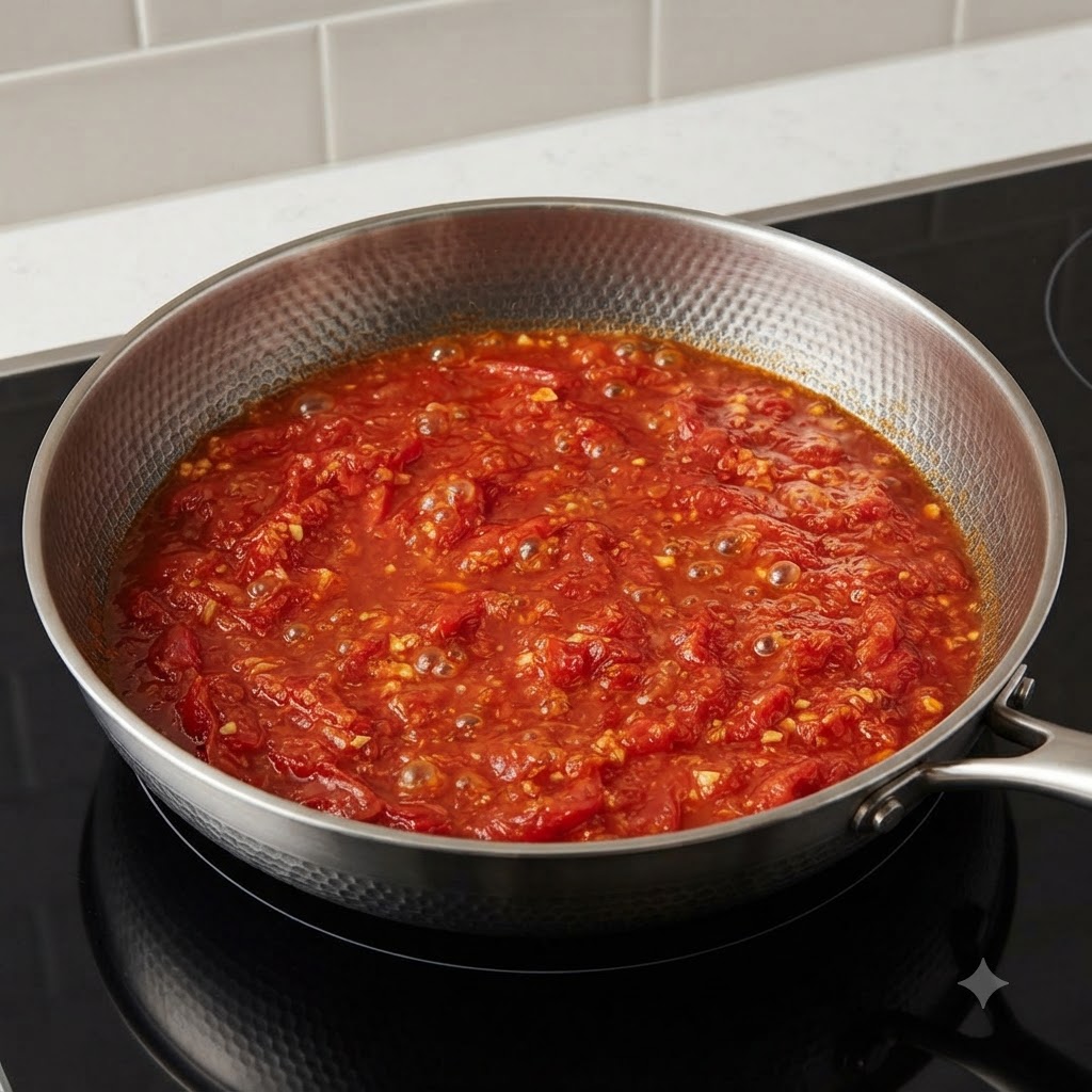 De leau versée dans une poêle avec une riche base de tomates cuites, frémissant sur le feu.