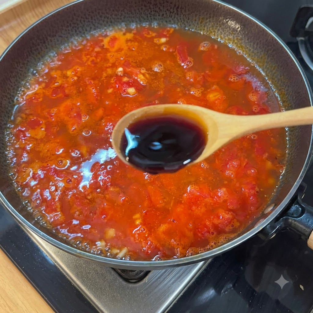 Une cuillère en bois ajoutant de la sauce soja claire dans une casserole de bouillon de soupe à la tomate frémissant.