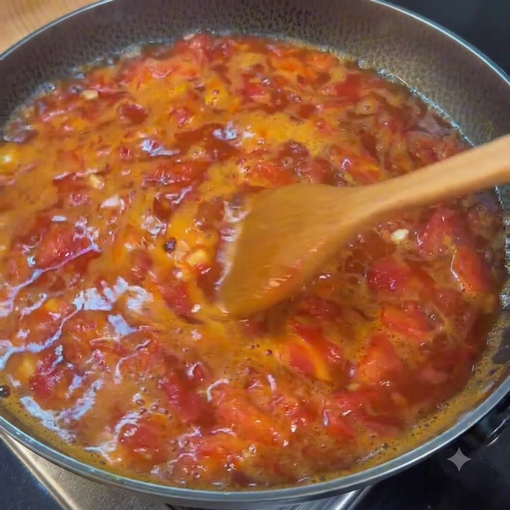 Des champignons enoki frais ajoutés dans une casserole de soupe à la tomate bouillante.