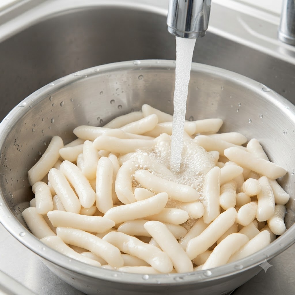 Gâteaux de riz lavés soigneusement dans un bol en métal sous un robinet ouvert.