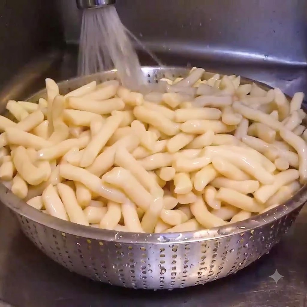 Gâteaux de riz faits main en train de ségoutter dans une passoire en acier inoxydable sous leau courante.