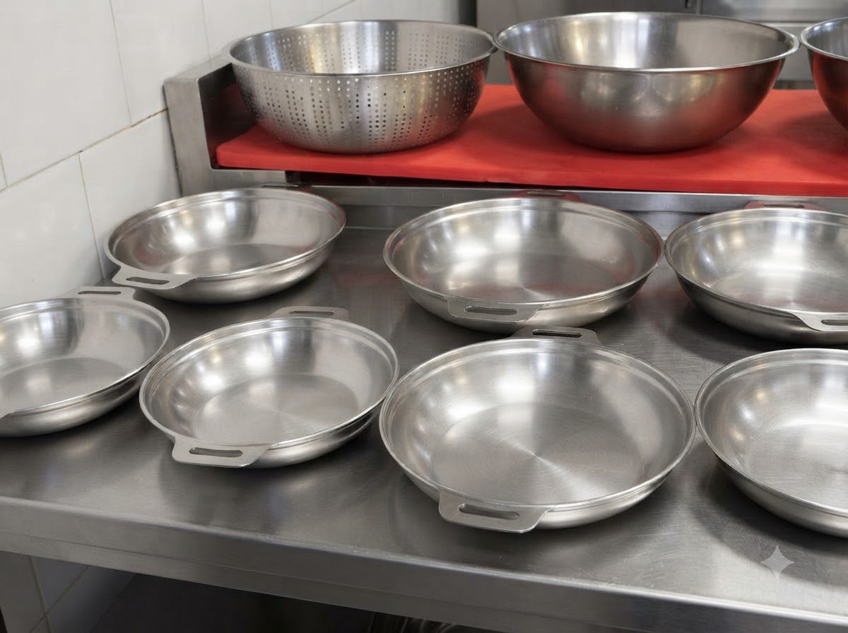 Plusieurs poêles à hot-pot rondes et vides préparées sur un comptoir en métal.