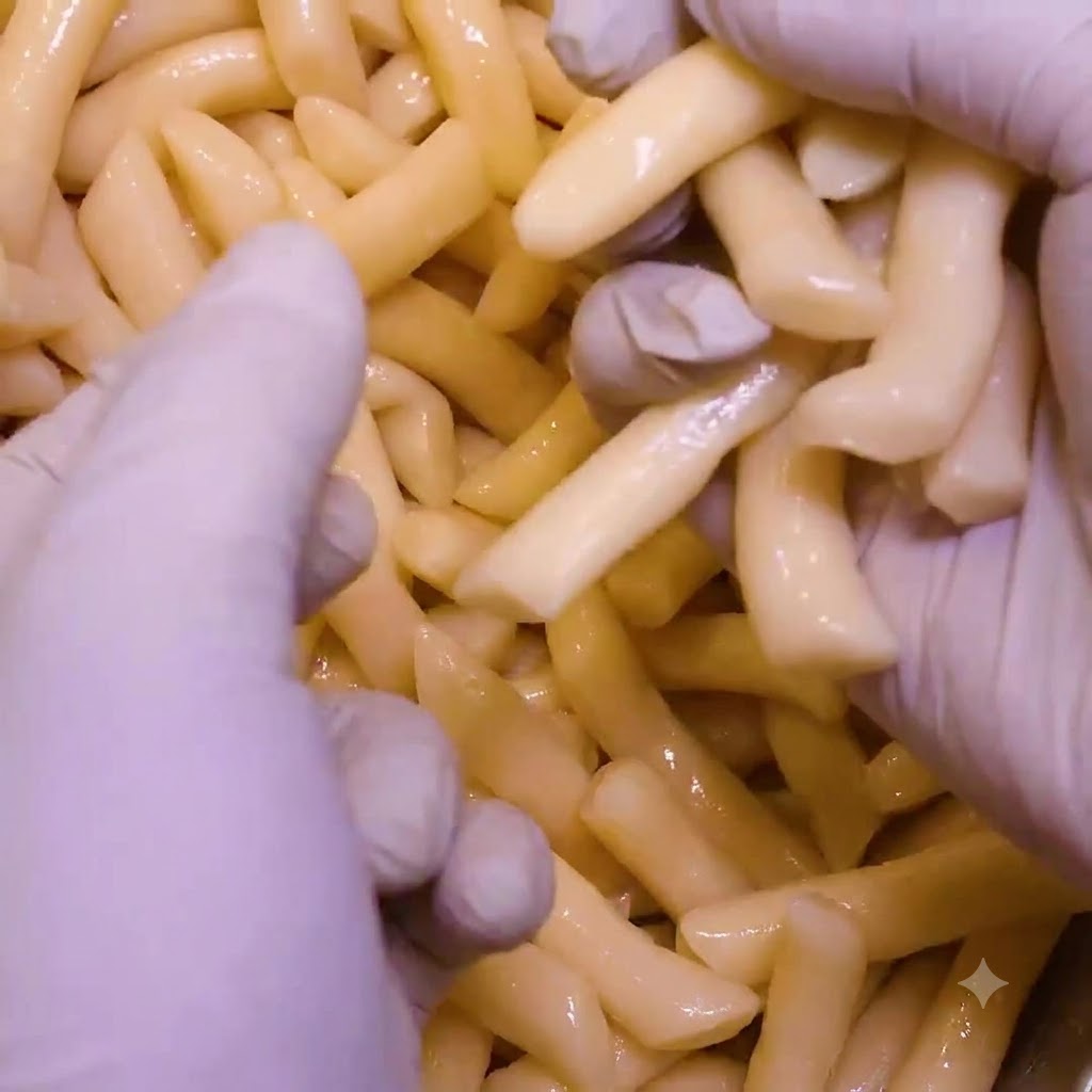 Des mains gantées disposant des gâteaux de riz faits main crus sur le lit de chou.