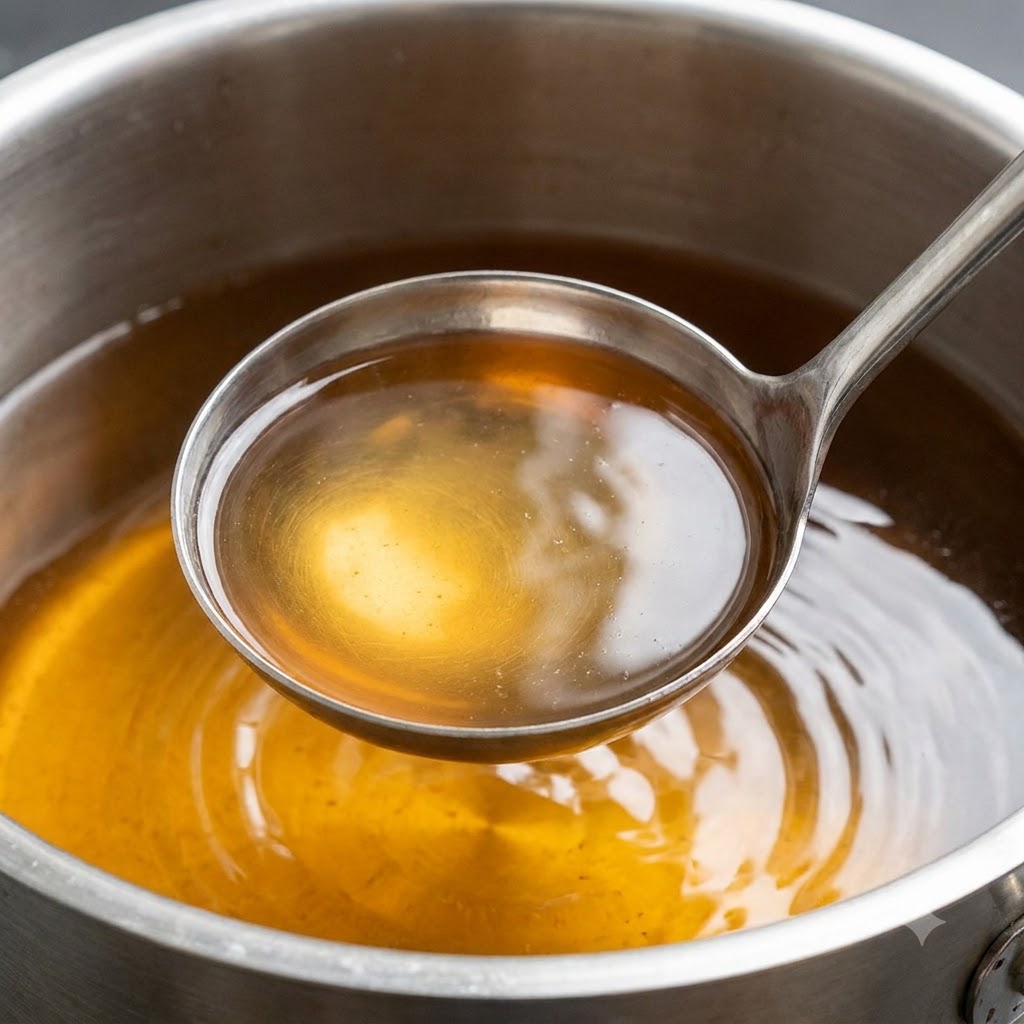 Une louche en métal puisant un bouillon brun clair dans une grande marmite.