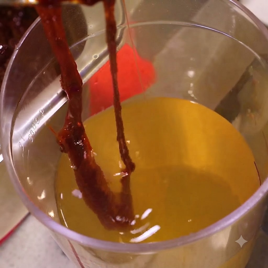 Sauce épicée rouge foncé mélangée et remuée à lintérieur dun récipient avec du bouillon.