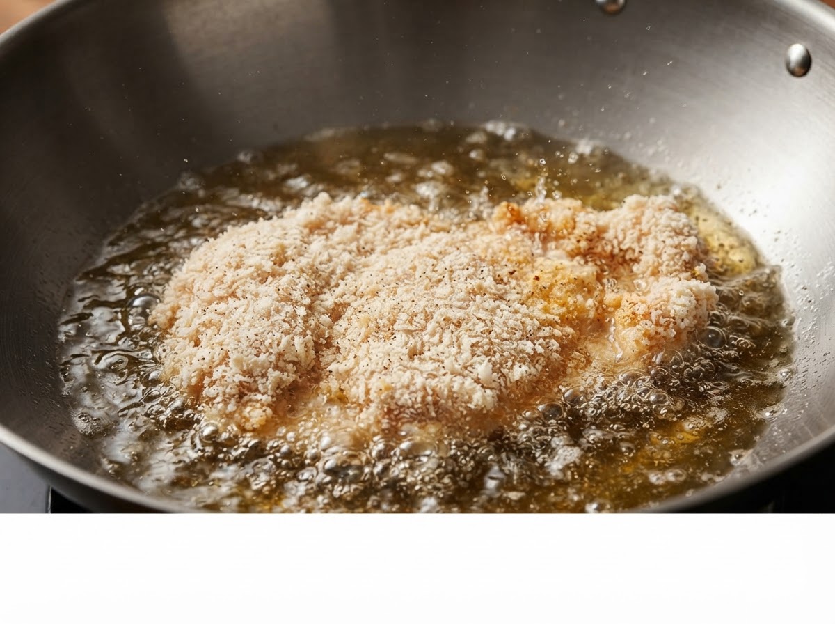 Une côtelette de poulet panée frite dans un grand wok rempli dhuile de cuisson bouillante.