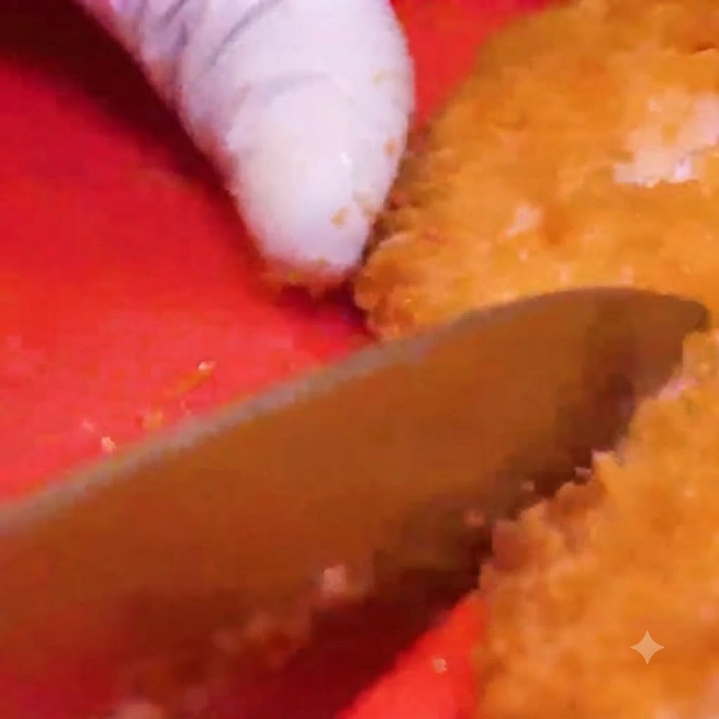Un couteau coupant une côtelette de poulet panée frite dorée sur une planchette à découper rouge vif.